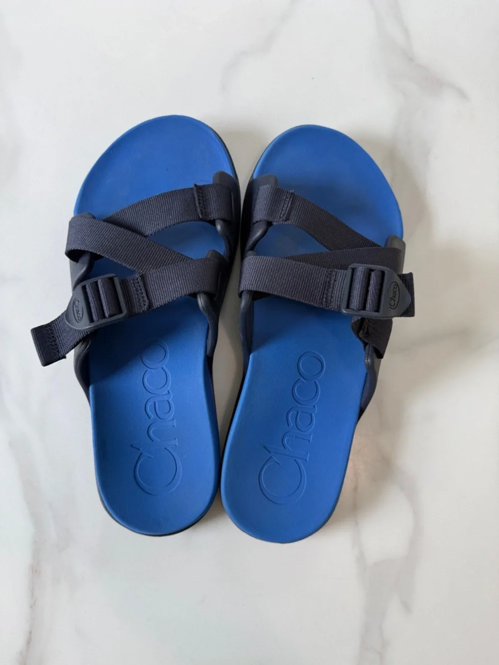 Chaco Blue Slide Sandals with Black Webbing Straps